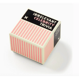 Box labeled Irrelevant Celebrity Trivia in pink and white stripes for fun game nights