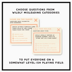 Humorous quiz card template for Irrelevant Celebrity Trivia game night fun