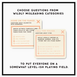 Humorous quiz card template for Irrelevant Celebrity Trivia game night fun