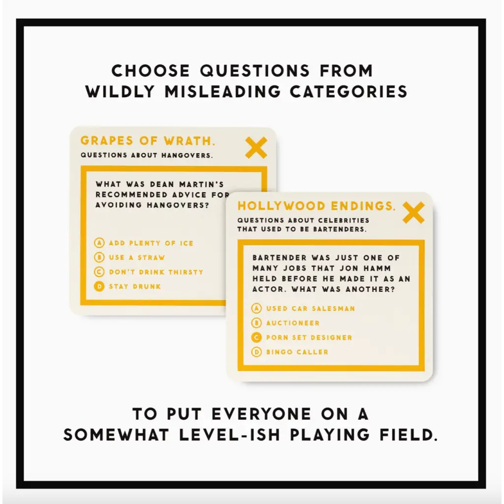 Game card from Trivial Drinking Trivia with tricky question categories and choices