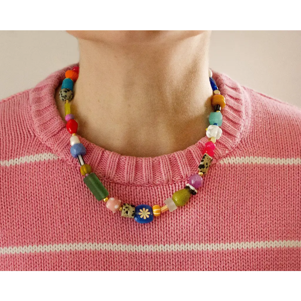 Bright colorful beaded necklace with vibrant floral designs