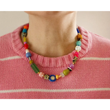 Bright colorful beaded necklace with vibrant floral designs