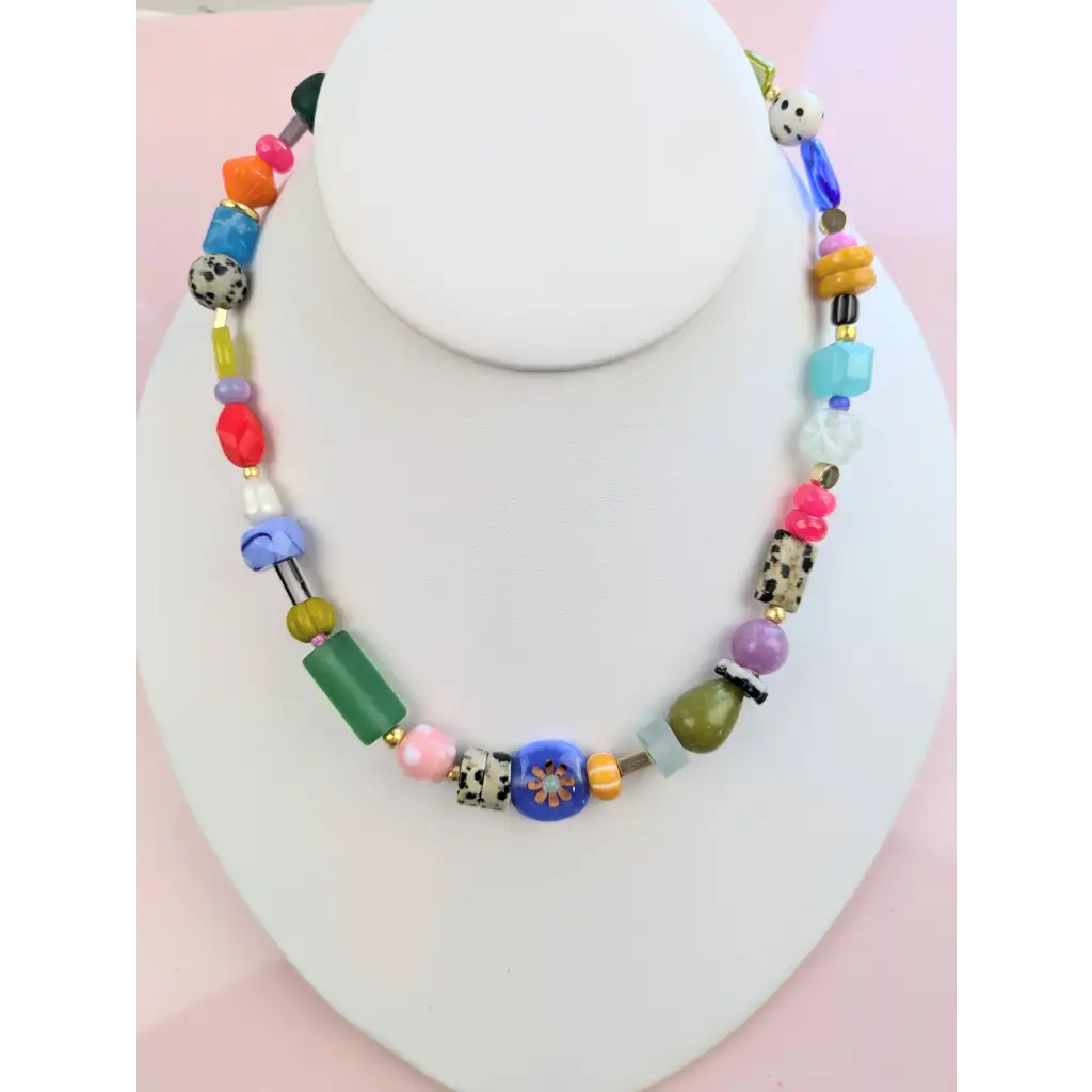 Vibrant colorful beaded necklace with eclectic glass beads for stylish womens clothes