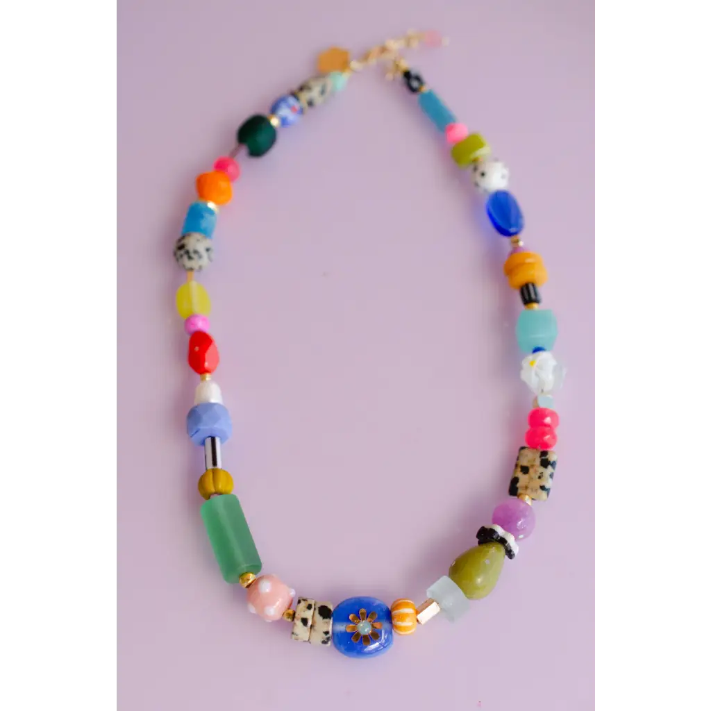 Bright colorful beaded necklace with vibrant glass and stone beads