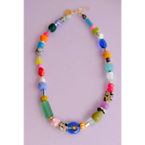 Bright colorful beaded necklace with vibrant glass and stone beads