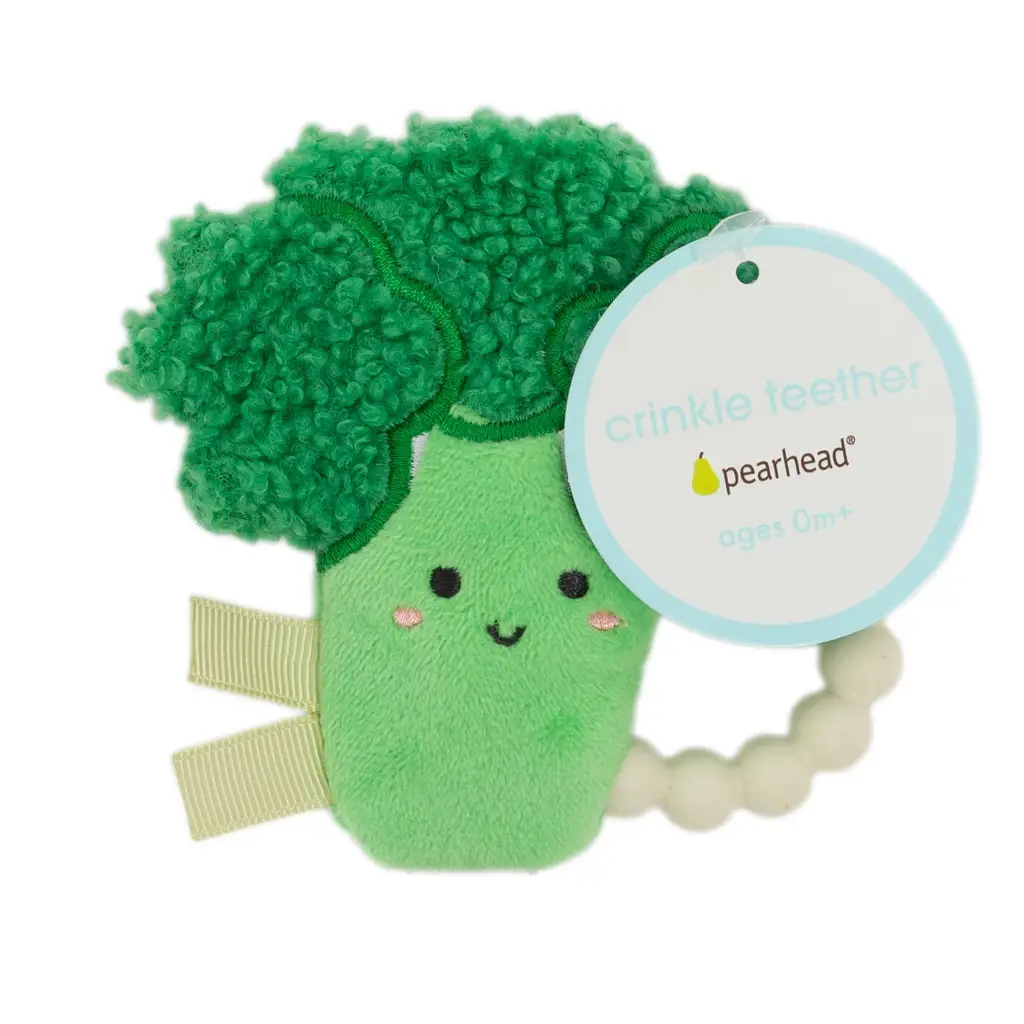 Cute green broccoli crinkle teether toy with smiling face, by Pearhead