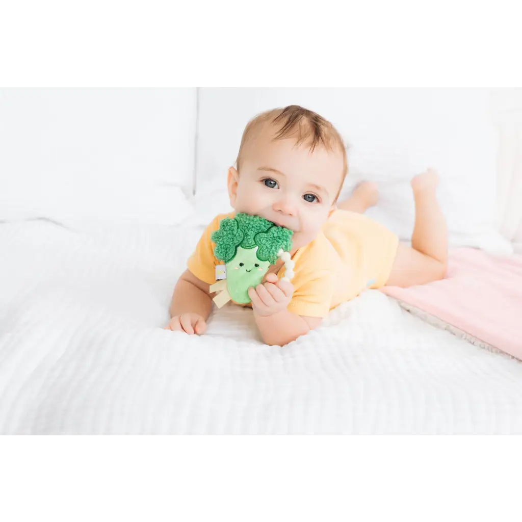 Cute broccoli crinkle baby teether toy with smiling face