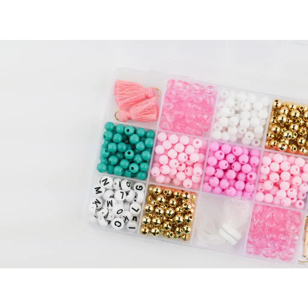 Colorful beads in storage for Bubblegum Groove DIY Bracelet Craft Kit fun