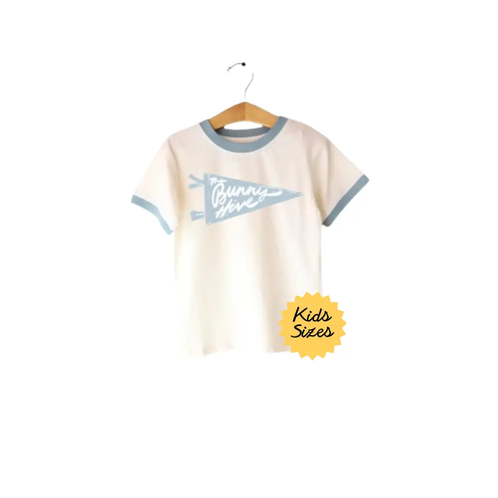 Child’s Bunny Hive Signature Ringer Tee in Blue on hanger for kids’ fashion