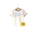 Child’s Bunny Hive Signature Ringer Tee in Blue on hanger for kids’ fashion
