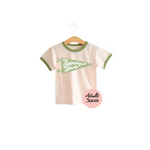 Cream-colored Bunny Hive Signature Ringer Tee with green trim for adults