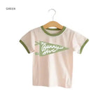 Pink Bunny Hive Signature Ringer Tee with green trim for kids, perfect for fun outfits