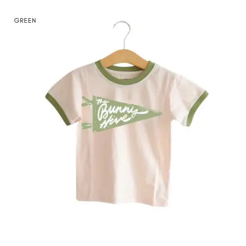 Pink Bunny Hive Signature Ringer Tee with green trim for kids, perfect for fun outfits