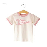 Pink-trimmed Bunny Hive Signature Ringer Tee with cool pennant graphic for kids