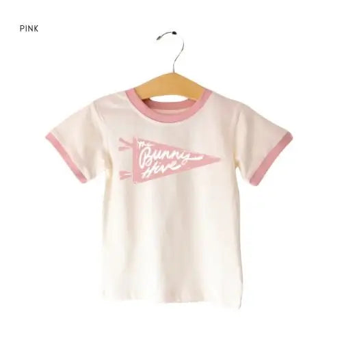 Pink-trimmed Bunny Hive Signature Ringer Tee with cool pennant graphic for kids
