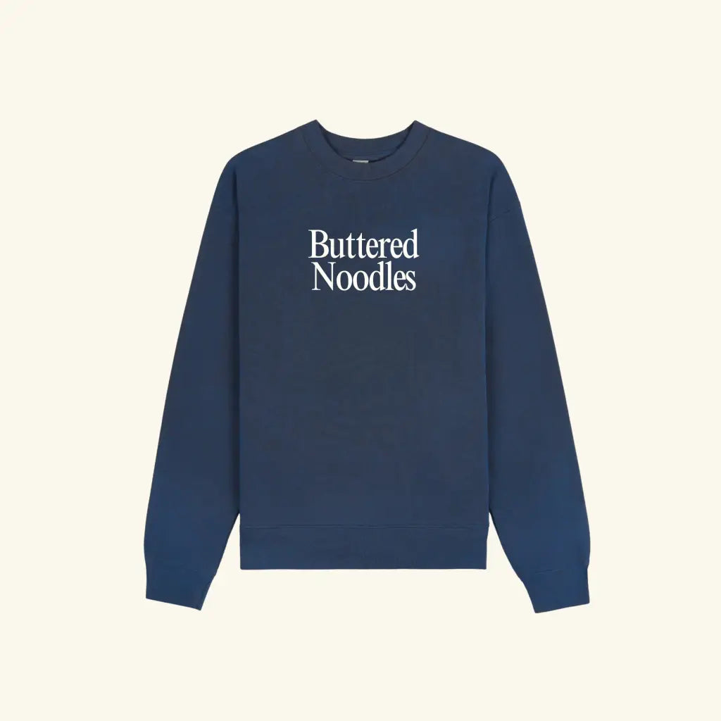 Navy blue buttered noodles kids pullover sweatshirt with white chest print