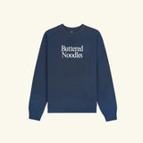 Navy blue buttered noodles kids pullover sweatshirt with white chest print