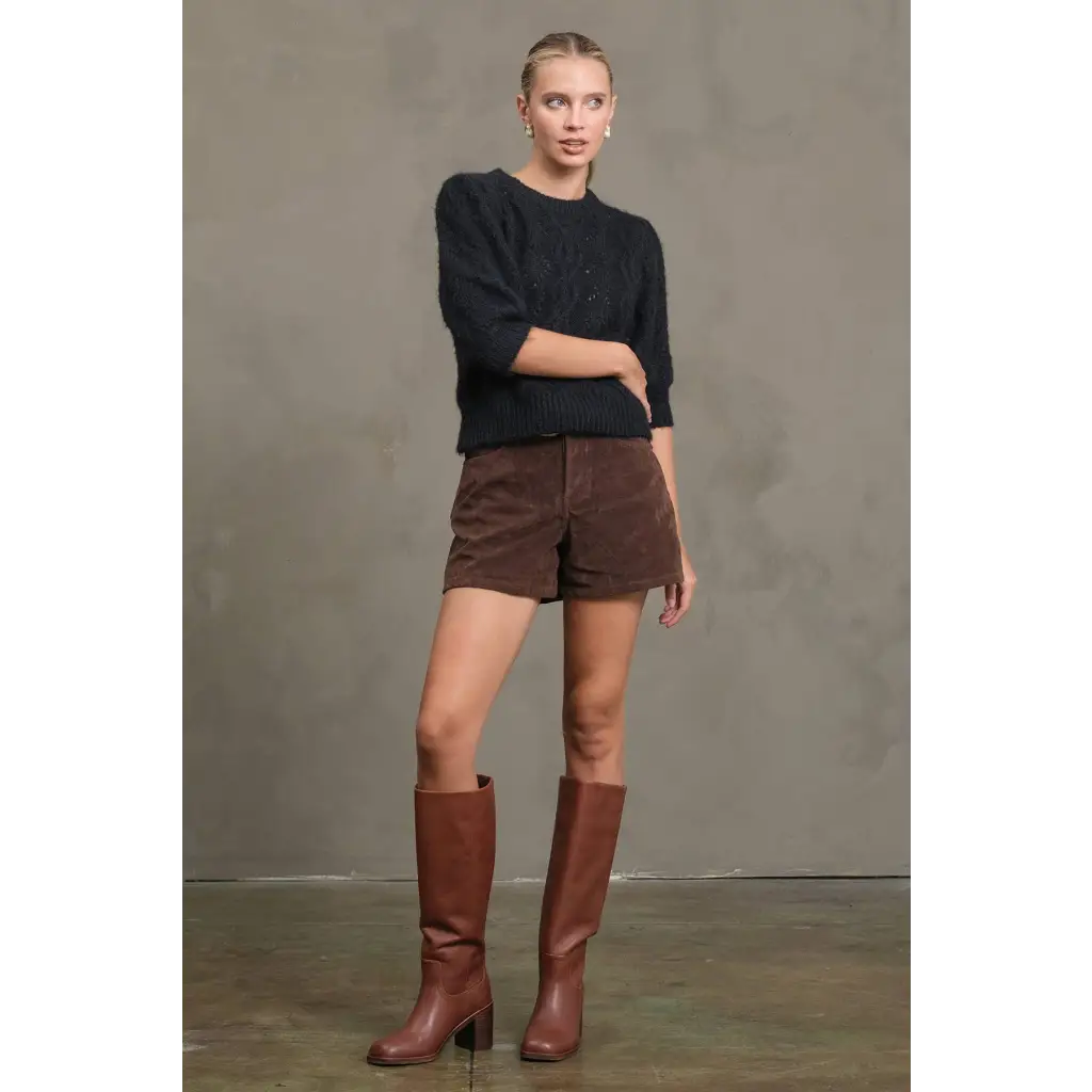 Stylish knit sweater with brown suede knee-high block heel boots