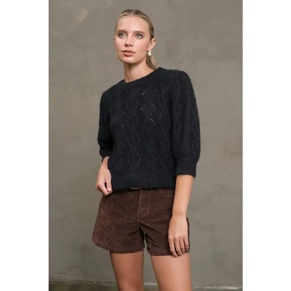 Dark navy cable-knit sweater, fuzzy textured womens knit sweater