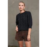 Dark navy cable-knit sweater, fuzzy textured womens knit sweater