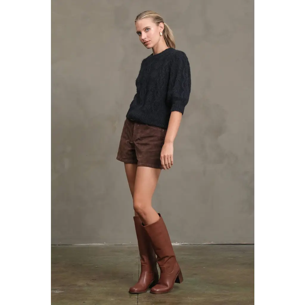 Dark navy cable-knit sweater in fuzzy textured knit for stylish womens clothes