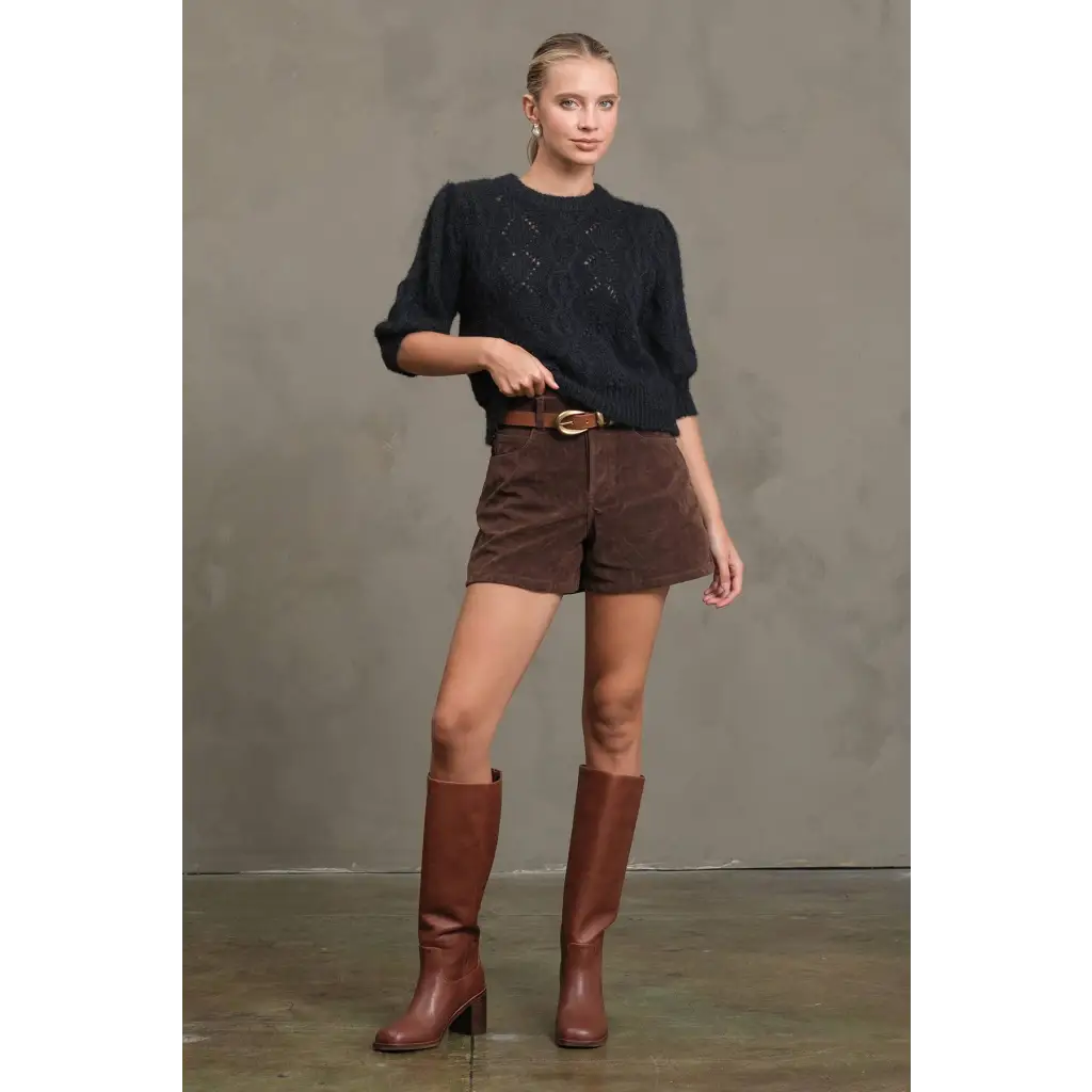 Stylish womens knit sweater with brown suede knee-high block heel boots