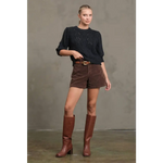 Stylish womens knit sweater with brown suede knee-high block heel boots
