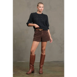 Stylish womens knit sweater with brown suede knee-high block heel boots