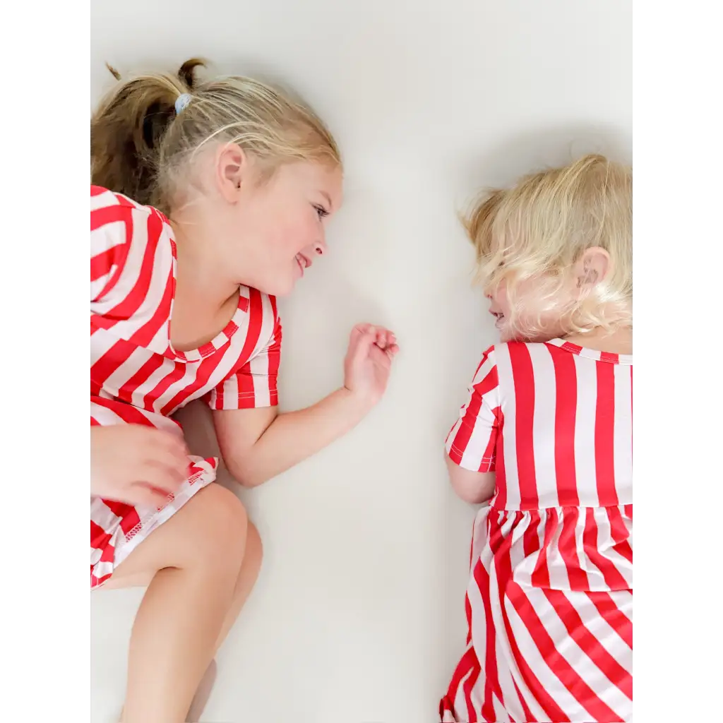 Red and white striped bamboo twirl dress with bow for girls