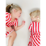Red and white striped bamboo twirl dress with bow for girls