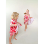 Red and white striped bamboo twirl dress for girls with ruffled skirt