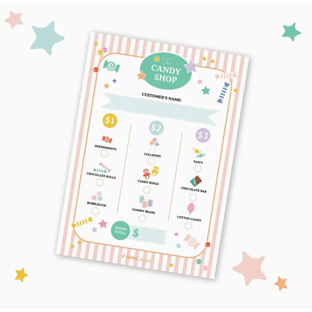 Candy shop menu on a pretend play pad with cute pastel illustrations and pink stripes