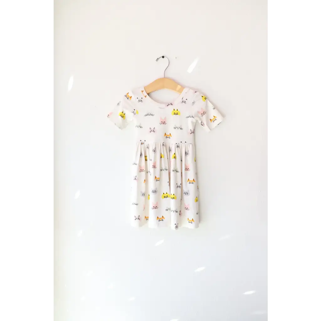 White patterned Cat Lover Bamboo Twirl Dress perfect for playful kids’ style