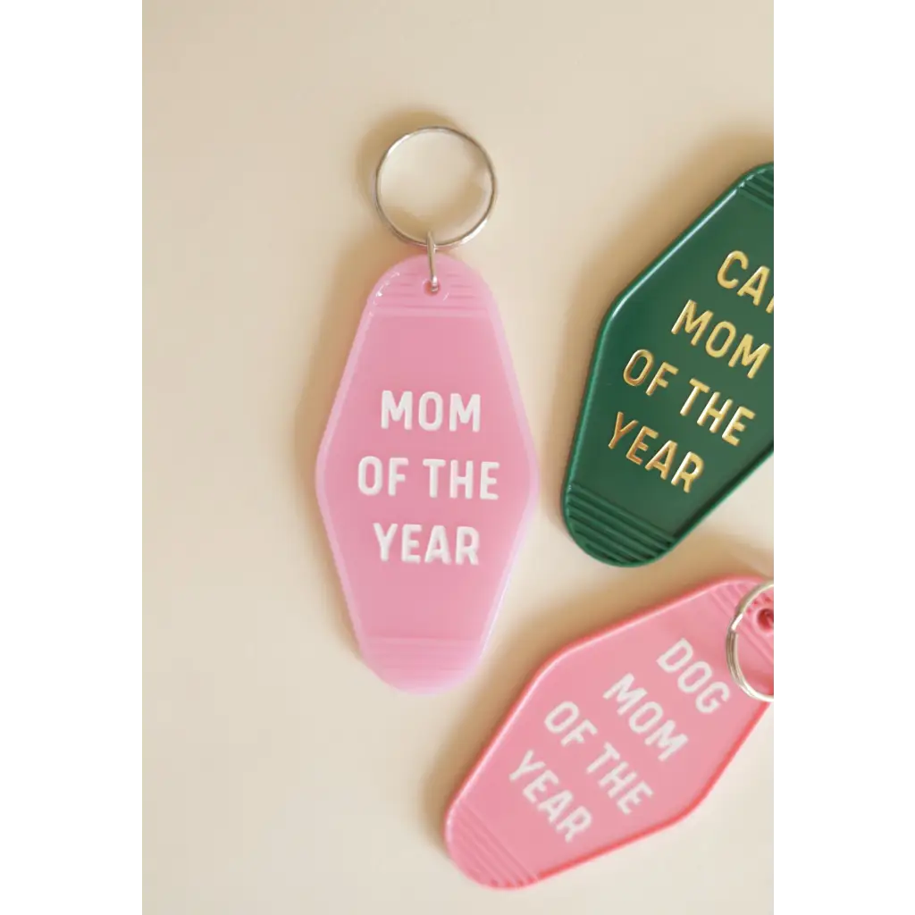 Pink Mom of the Year keychain from Cat Mom Motel collection, perfect gift for cat moms