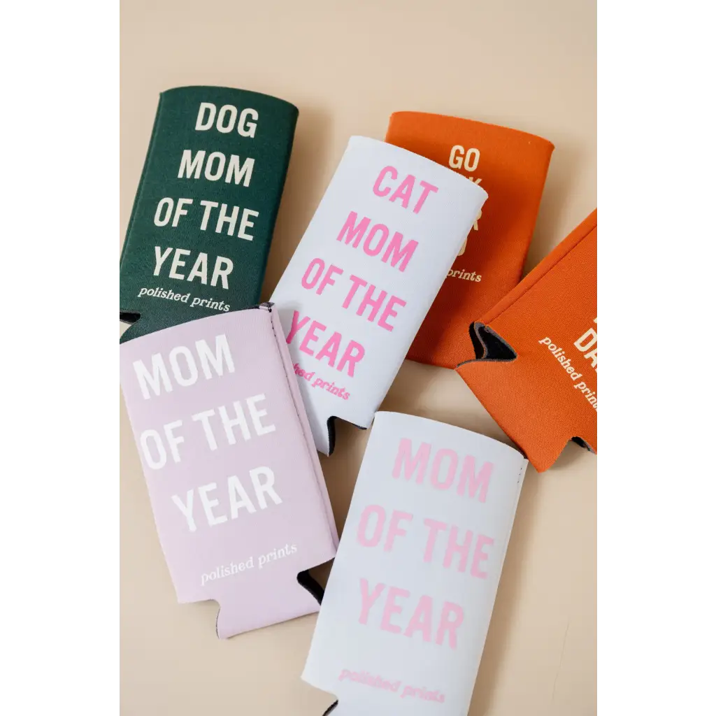 Colorful Beverage Koozies for Mom of the Year, featuring Cat Mom and Dog Mom designs