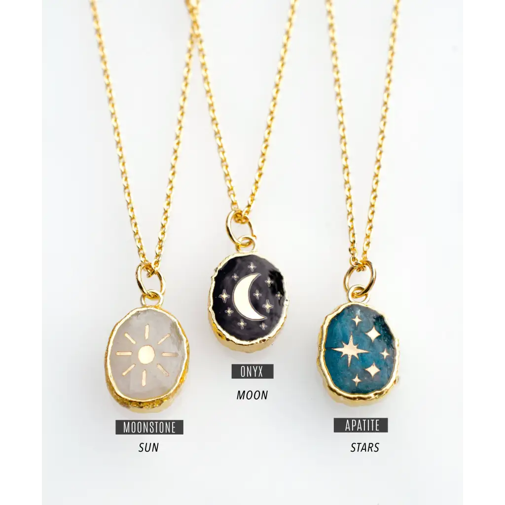 Gold plated celestial gemstone pendant necklace with moonstone sun, onyx moon, apatite stars