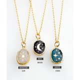 Gold plated celestial gemstone pendant necklace with moonstone sun, onyx moon, apatite stars