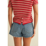 Red and white striped short sleeve sweater top paired with light-wash denim shorts