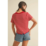 Red and white short sleeve striped sweater top with button-up back for a casual look