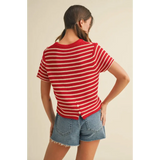 Red and white short sleeve striped sweater top with button-up back for a casual look
