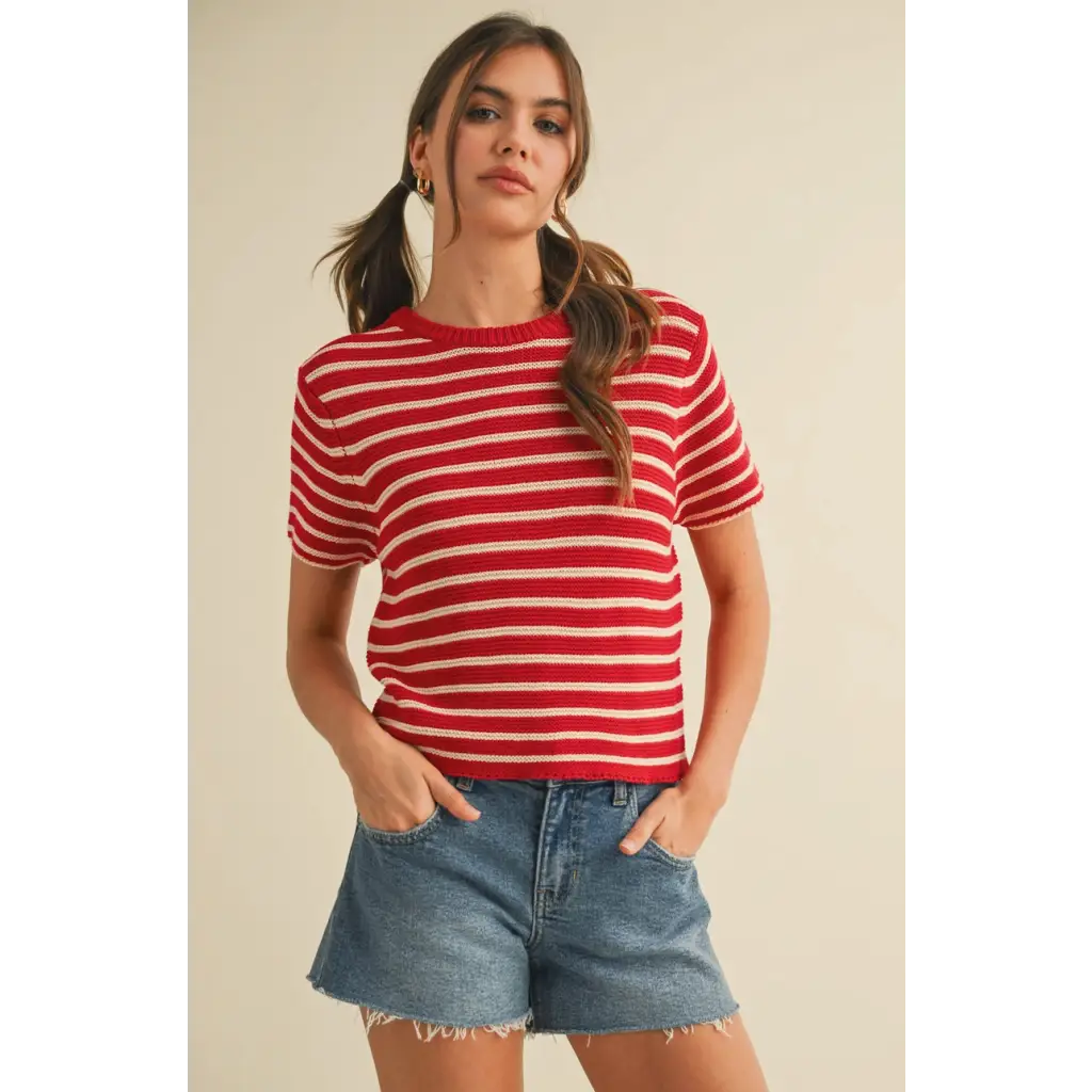 Red and white short sleeve striped sweater top from Channel with a stylish look