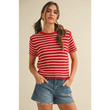 Red and white short sleeve striped sweater top from Channel with a stylish look