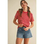 Red and white striped short sleeve sweater top with denim shorts for a casual look
