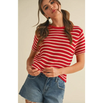 Red and white short sleeve striped sweater top with blue denim shorts perfect for summer