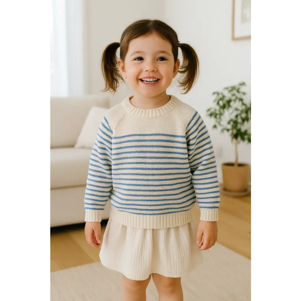 Toddler wearing Charlie striped sweater made of soft cotton with polished prints