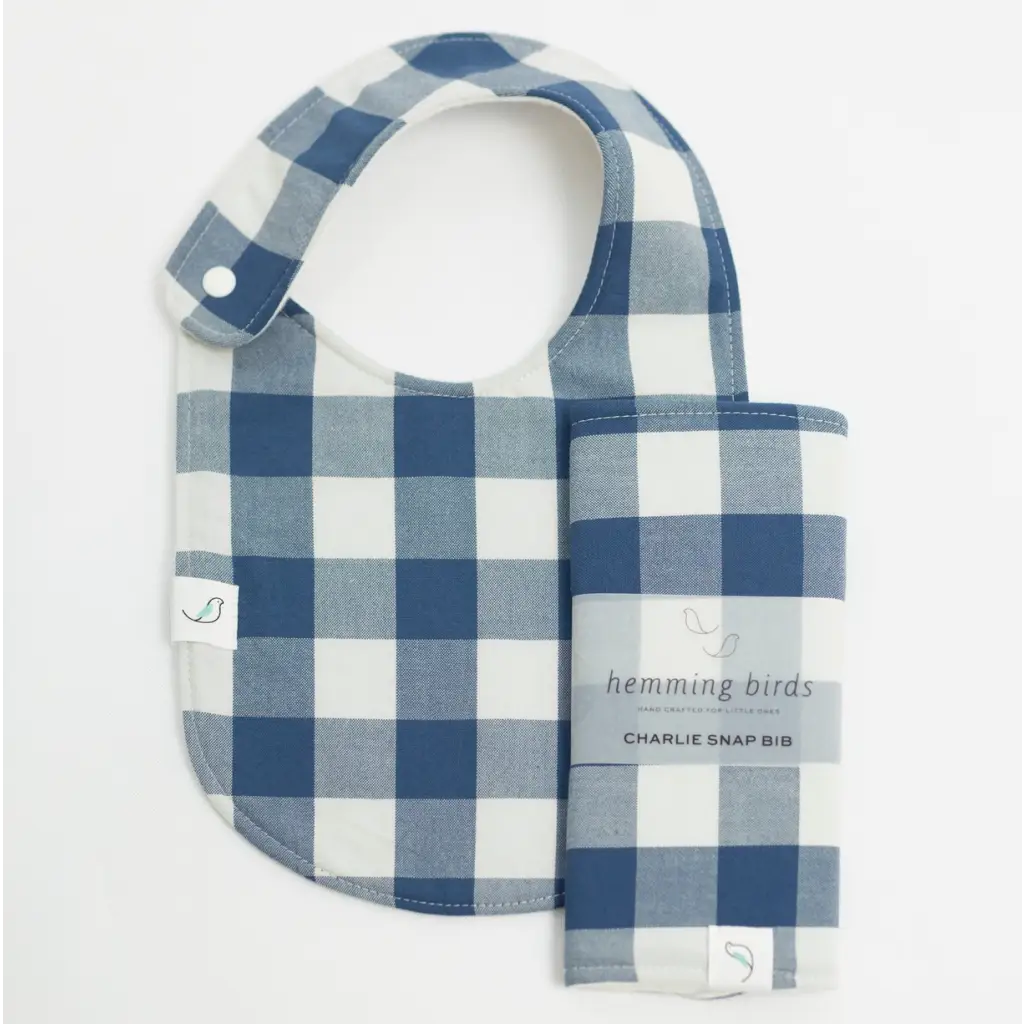 Blue and white gingham Charlie Snap Bibs with matching burp cloth for stylish baby feeding