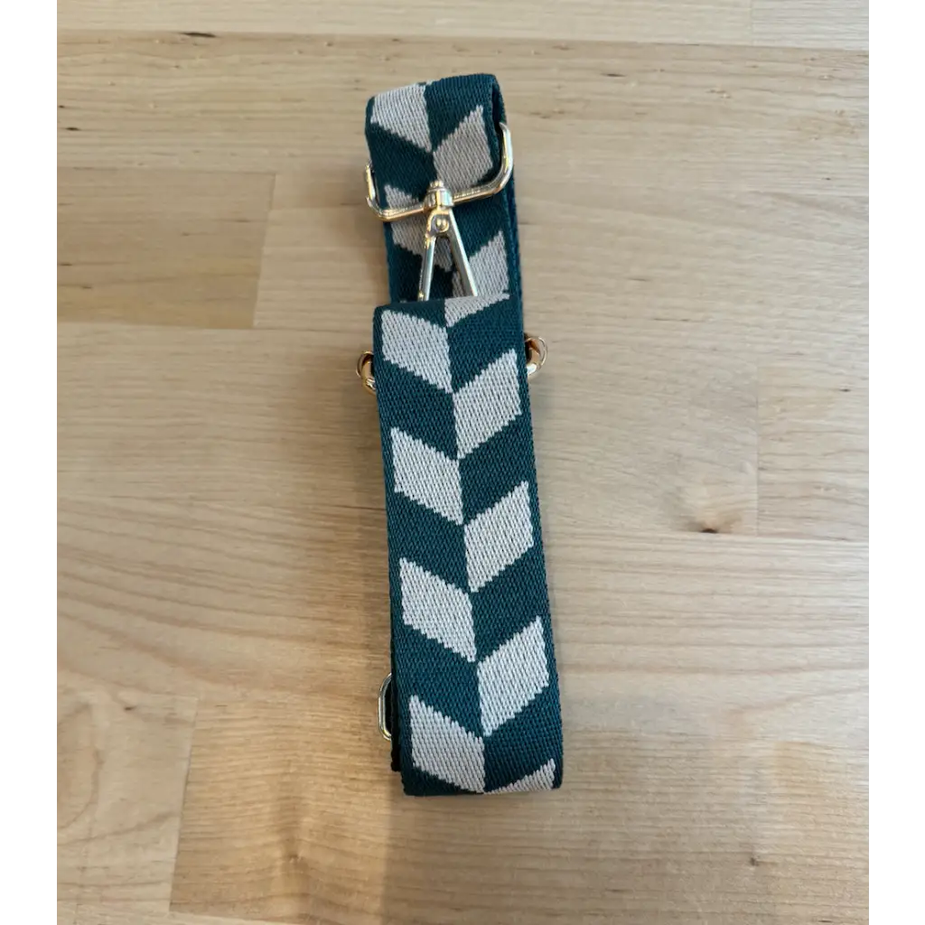 Stylish green and gray chevron belt with metal buckle for adjustable purse straps