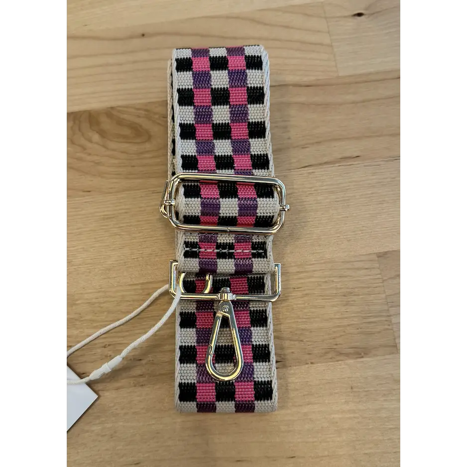 Pink and black checkered dog leash with metal hardware for stylish adjustable purse straps