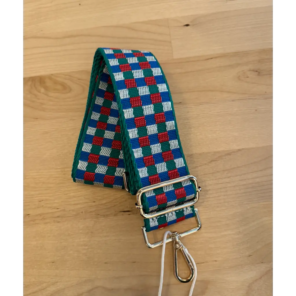 Patterned fabric adjustable purse straps with checkered blue, red, and white design