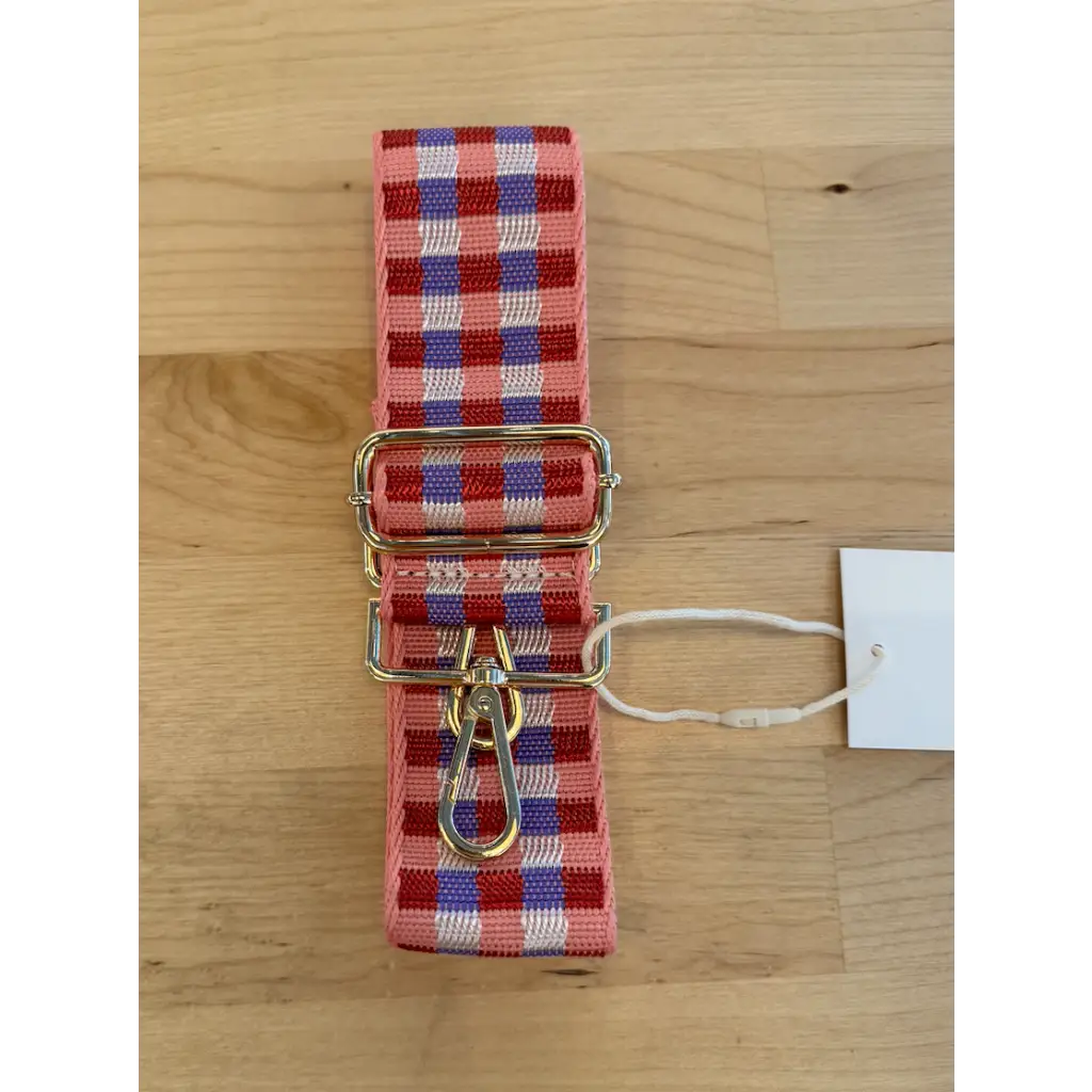 Red and blue checkered adjustable purse straps for a stylish upgrade with metal hardware